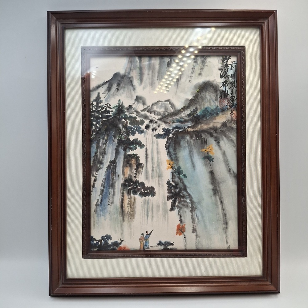 Vintage Chinese Watercolor Landscape Painting Waterfall Figures Framed Signed
